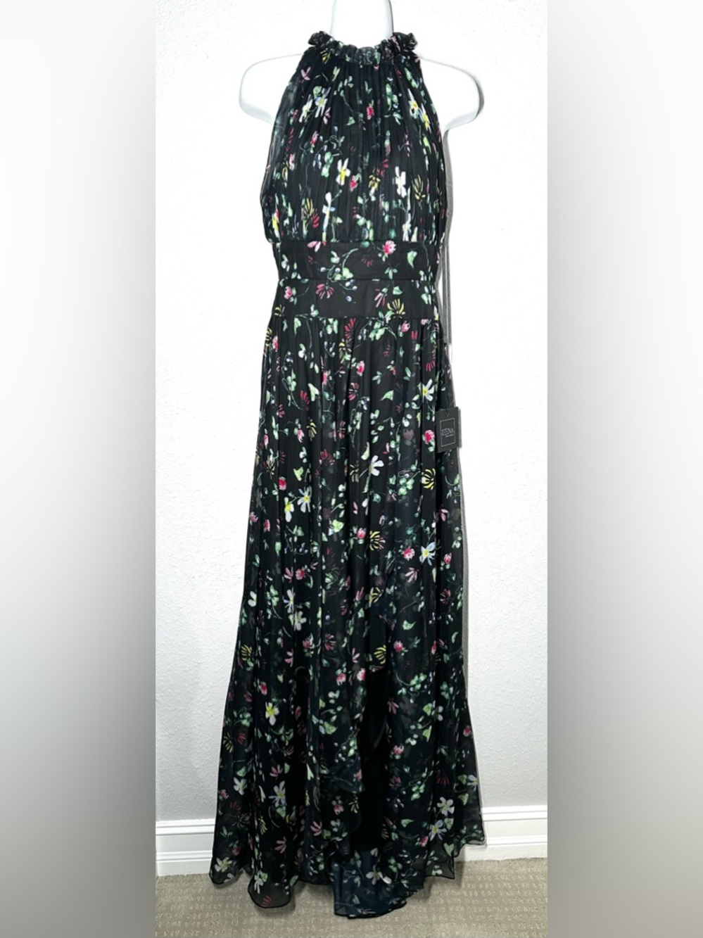 NWT IEENA Mac Duggal Floral Asymmetrical Ruffle Slit Halter Gown Size 2
